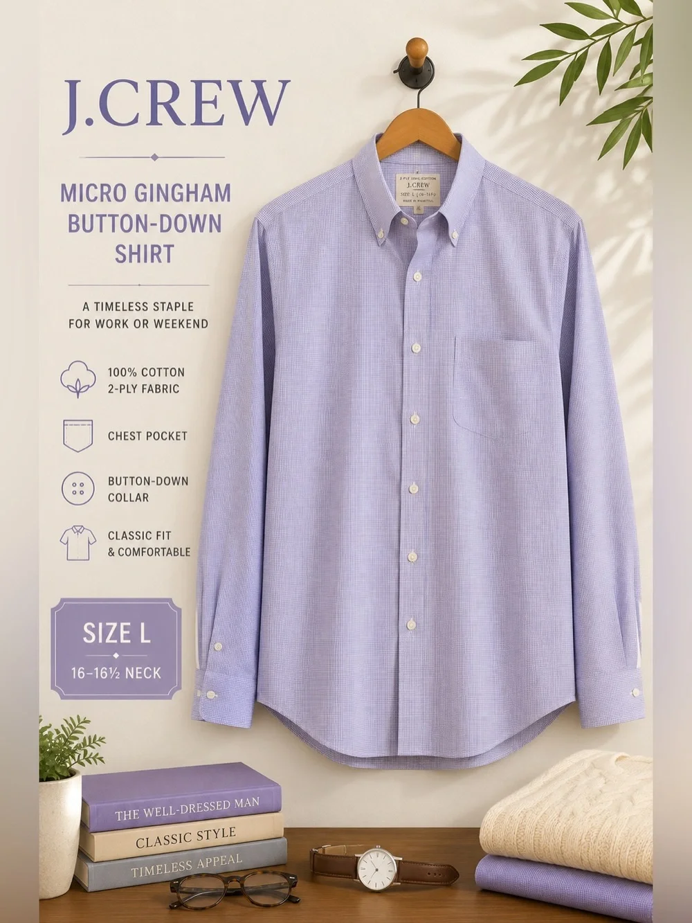 J.Crew Soft Lavender Micro Gingham Button-Down Shirt 2-Ply Cotton Size L